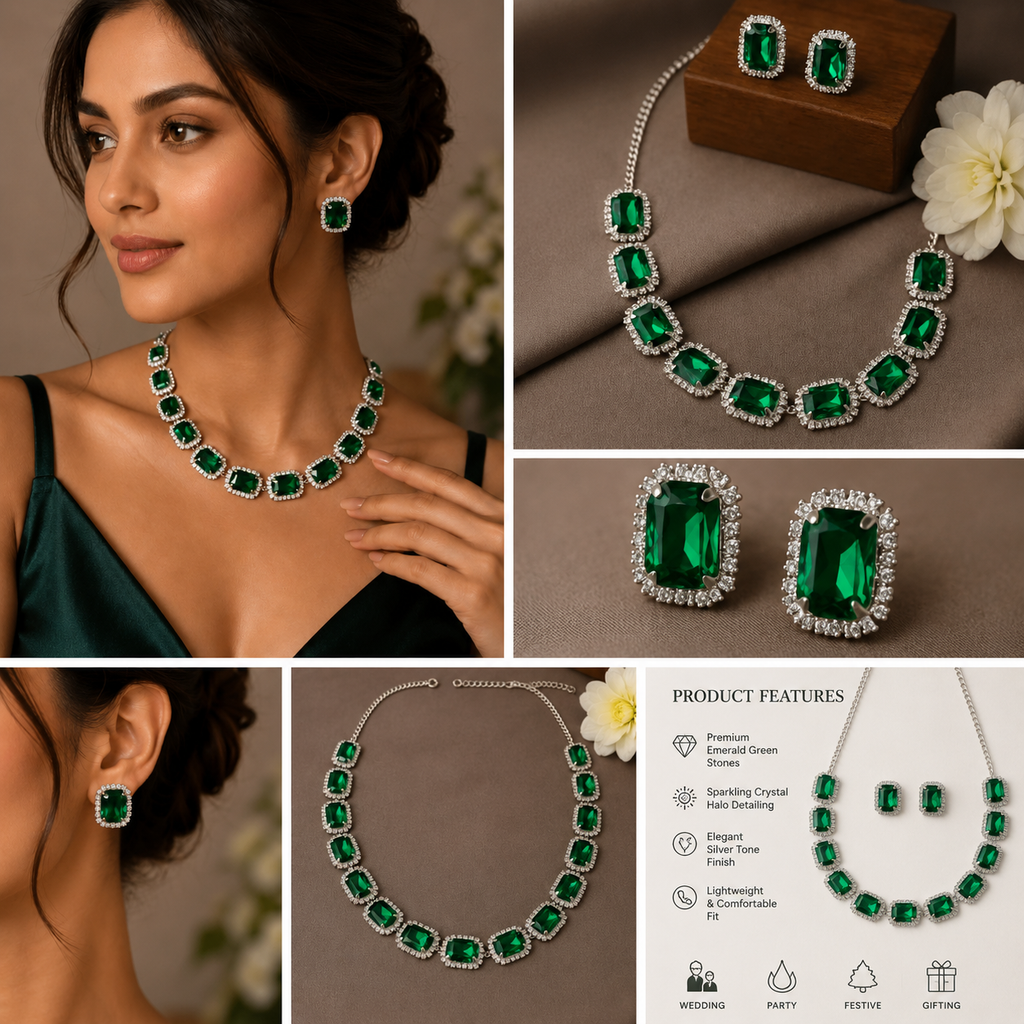 Emerald Green Luxury Statement Necklace & Earrings Set | Premium Bridal & Party Jewelry